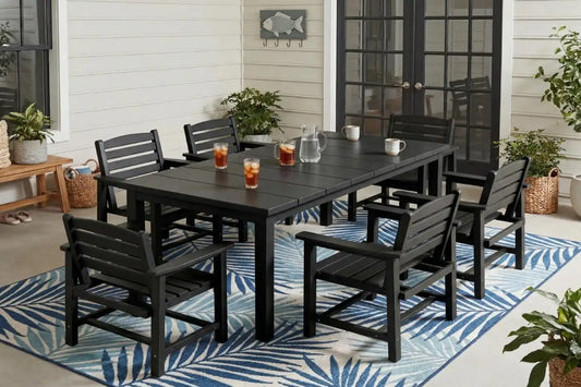 Perli™ 7-Piece Outdoor Dining Set, All-Weather HDPE Patio Furniture with 6 Ergonomic Chairs & Large Table, Built-in Umbrella Hole, UV-Resistant Set for Backyard, Deck, Poolside, Black