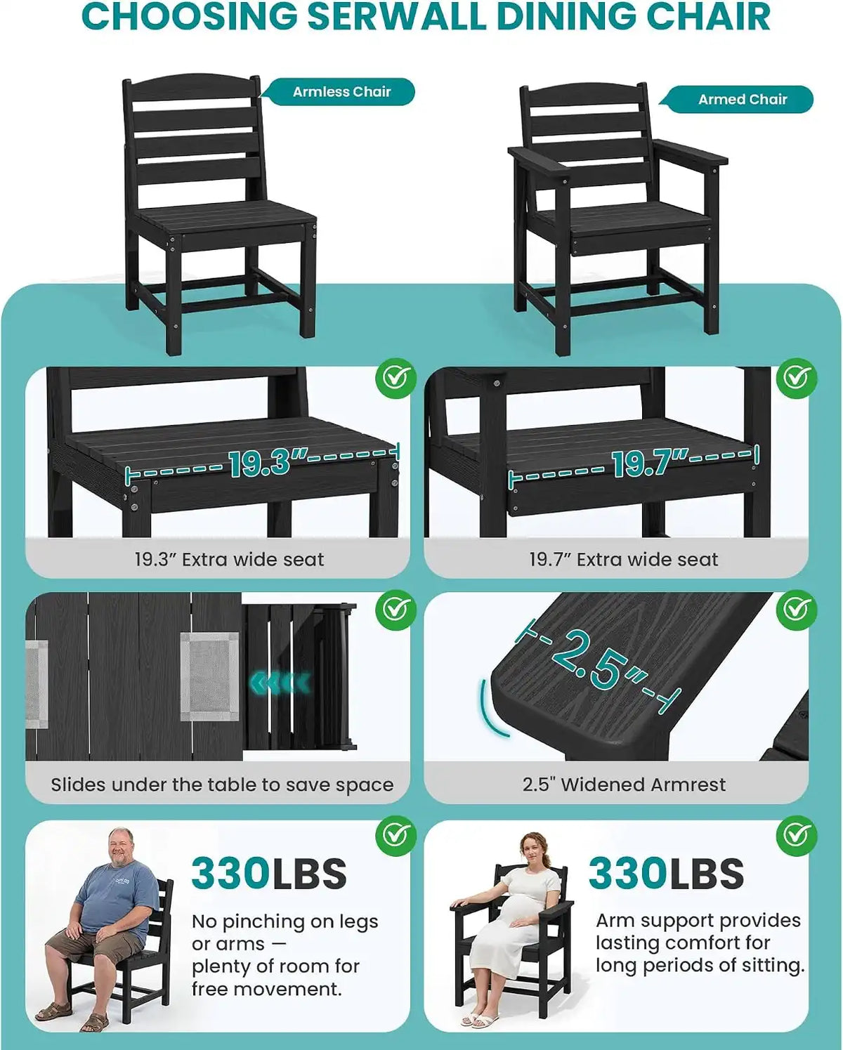 SERWALL Armless Outdoor Dining Set, Patio Dining Set for 6, Black