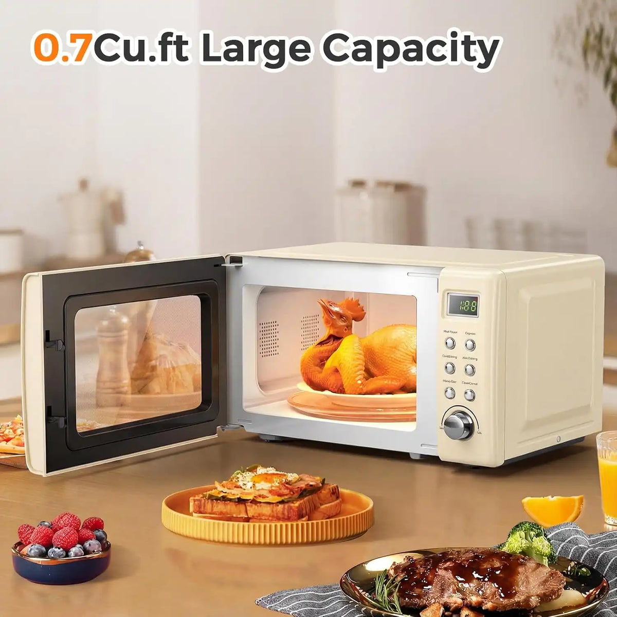 LDAILY 0.7Cu.ft Retro Small Microwave Oven, 700W Compact Countertop Microwave with 5 Power Levels, Auto Cooking Menus, Glass Turntable, Child Lock & Glass Turntable for Apartment, Dorm (Cream White)