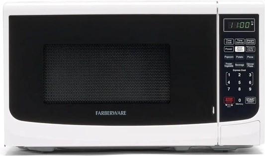 Farberware 0.7 Cu. Ft. Countertop Microwave Oven – 700 Watts Power, Auto Cook Settings, Defrost, Easy Clean and Child Safety Lock - White