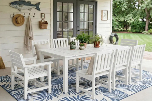 Perli™ 9-Piece Outdoor Dining Set, All-Weather HDPE Patio Furniture with 8 Ergonomic Chairs & Large Table, Built-in Umbrella Hole, UV-Resistant Set for Backyard, Deck, Poolside, White