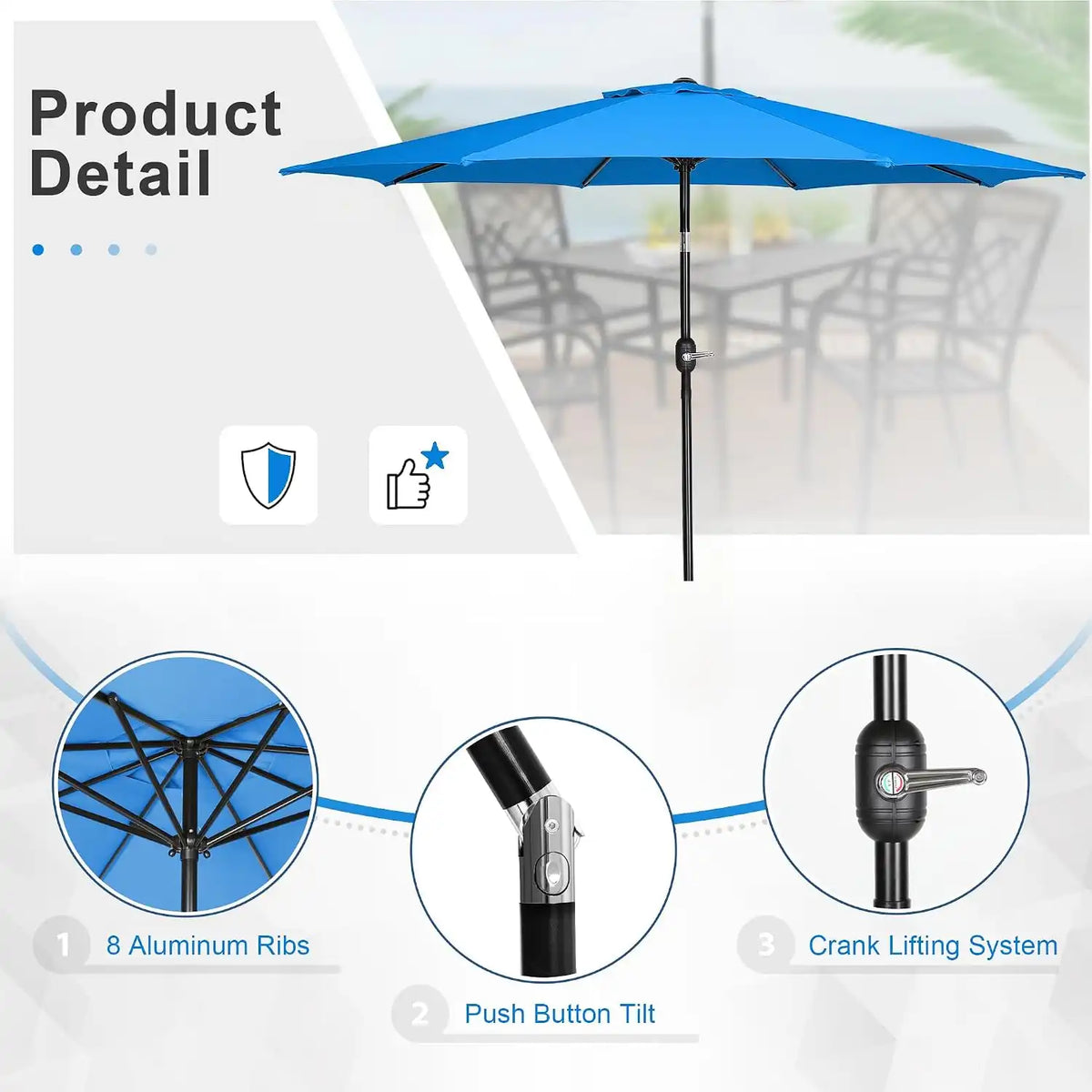 SUNCROWN 8 - Piece Outdoor Dining Set, Patio Furniture Set with 6 Textilene Dinning Chairs, 53" Metal Round Table and 1 Sky Blue 9Ft Patio Umbrella for Lawn Garden Backyard Deck, Blue