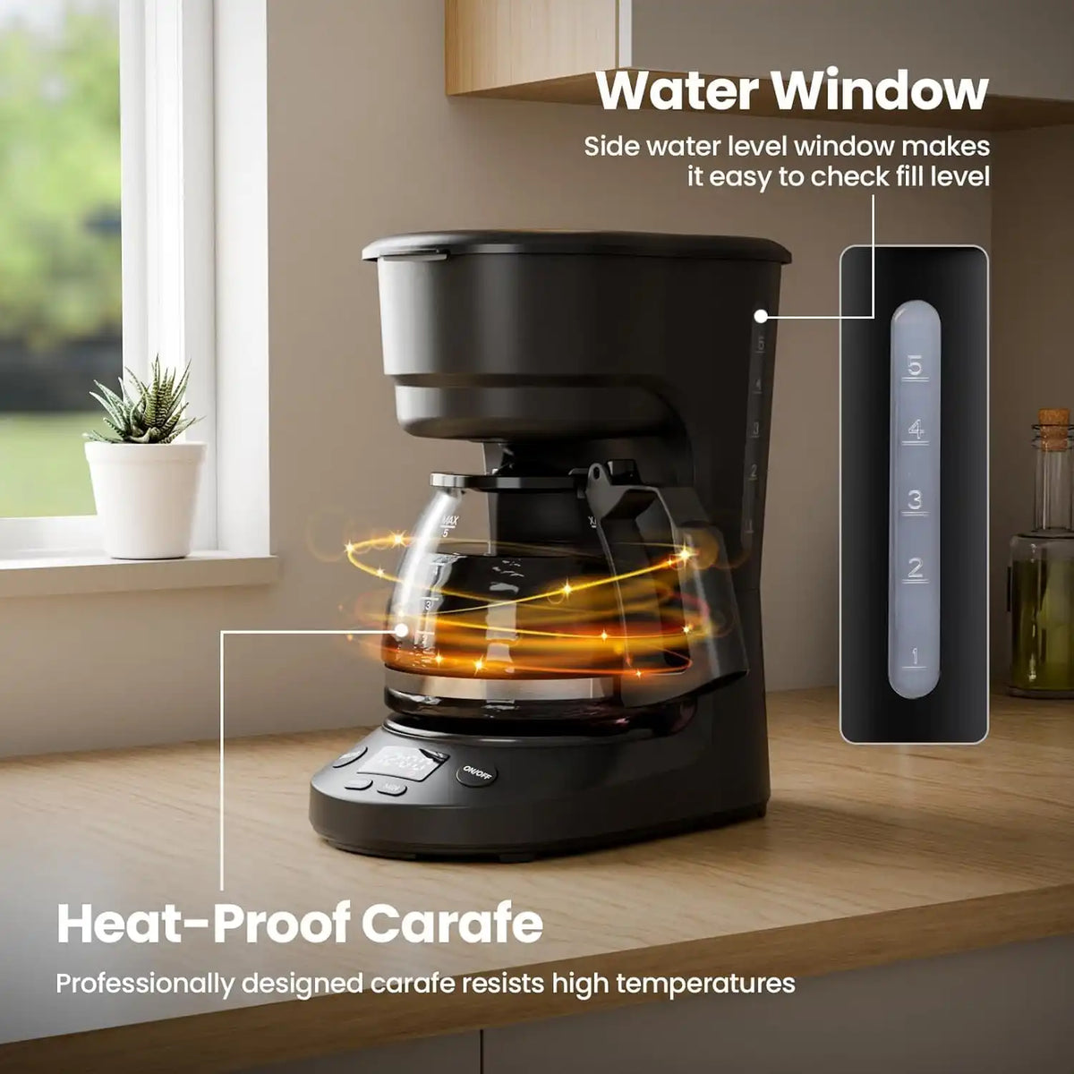 Kismile 5-Cup Drip Coffee Maker, LED Display, Timer,Anti-Drip & Shut-Off