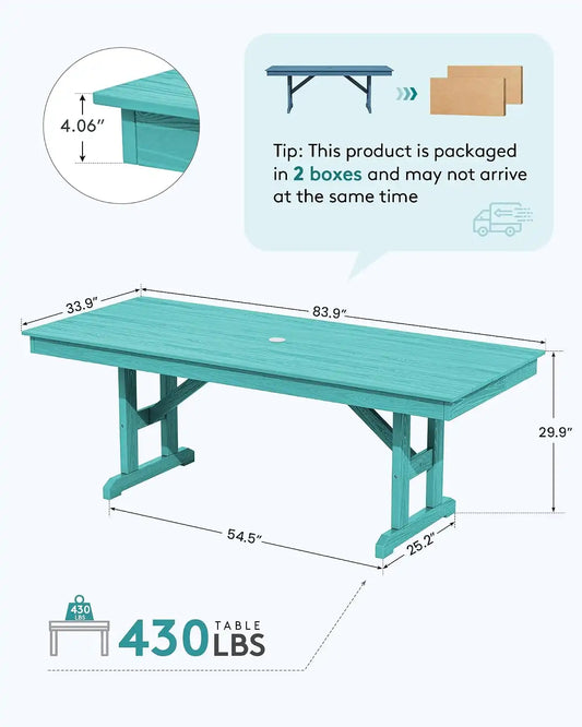 SERWALL Outdoor 84" HDPE Rectangular Dining Table for 6-8,All-Weather,Aruba