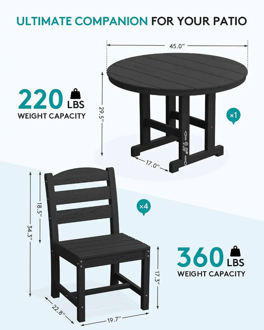SERWALL 5-Piece Patio Dining Set, 45" Table & 4 Armless Chairs, Black