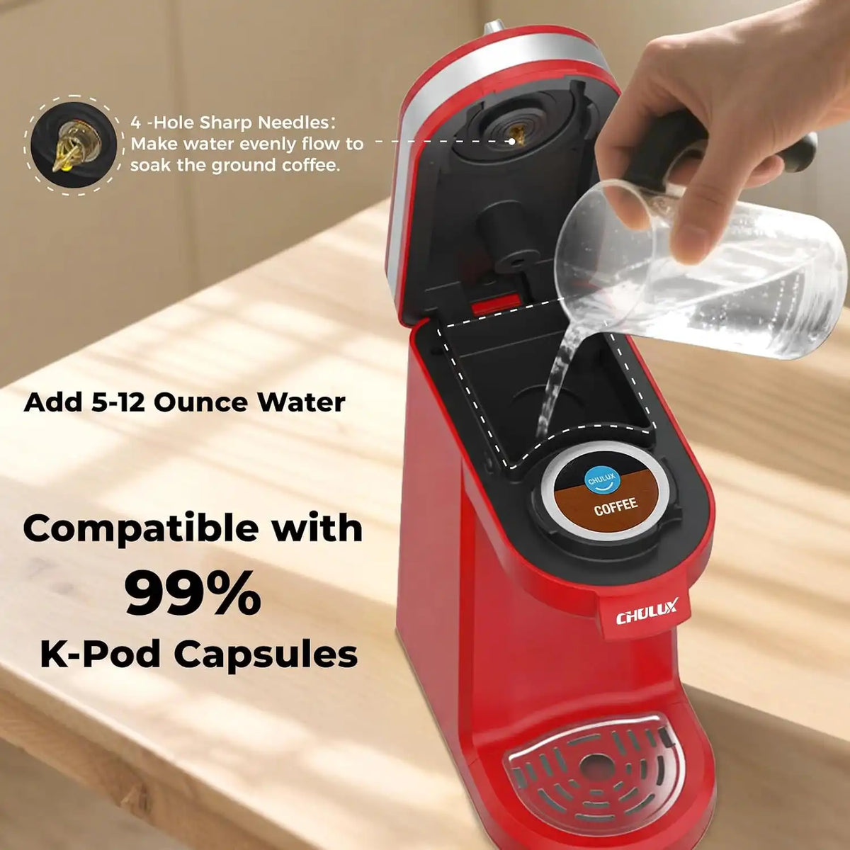 CHULUX Mini Single Cup Coffee Maker for K Pod, Perfect for Small Space, Red