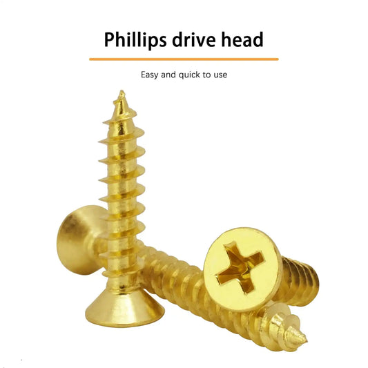 #8 x 3/4" Wood Screw, Phillips Flat Head Self Tapping Screws, Brass Plated Carbon Steel, Brass Plated Screws for Wood, Wood Screws #8 X 3/4 Inch, 150Pcs
