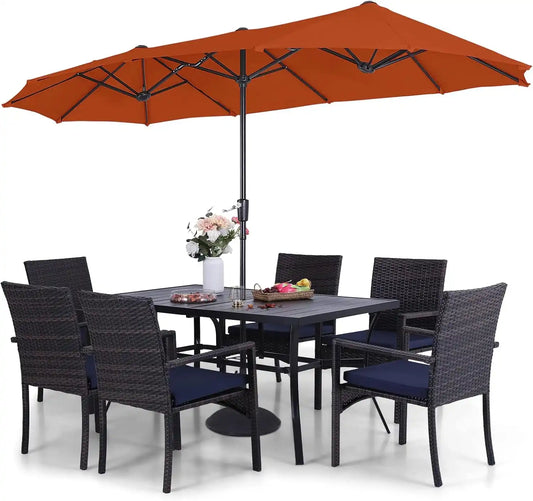 Sophia & William 7pc Patio Dining Set with Red Umbrella, 6 Rattan Chairs