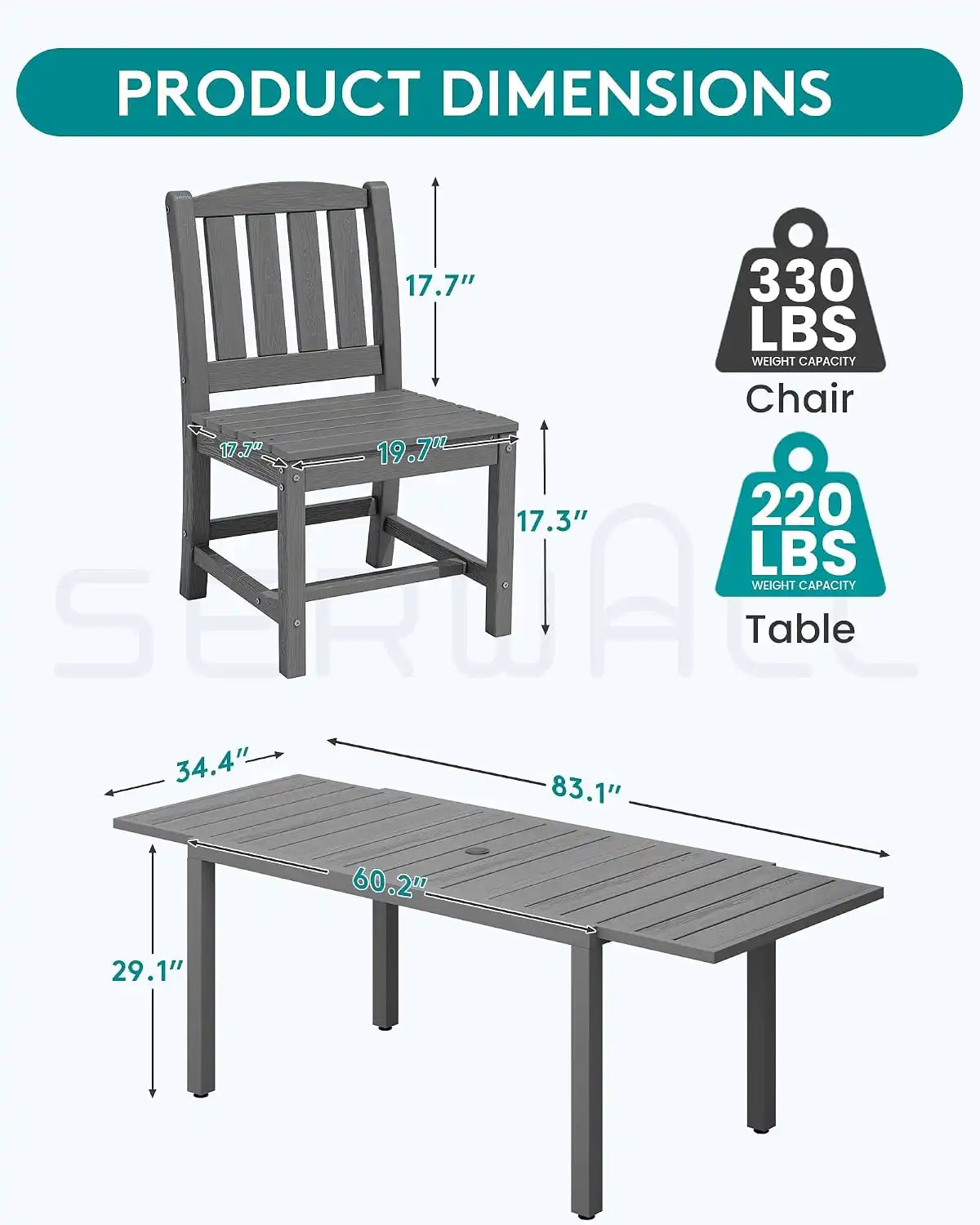 SERWALL Outdoor Patio Dining Set for 6, Grey