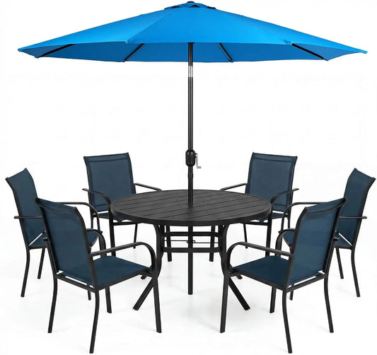 SUNCROWN 8 - Piece Outdoor Dining Set, Patio Furniture Set with 6 Textilene Dinning Chairs, 53" Metal Round Table and 1 Sky Blue 9Ft Patio Umbrella for Lawn Garden Backyard Deck, Blue