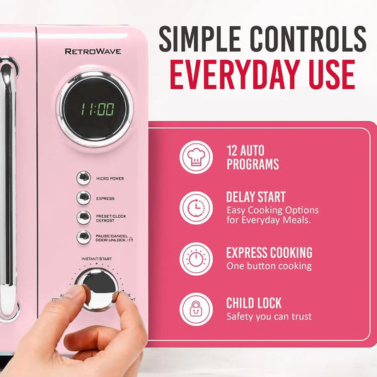 Nostalgia Countertop Microwave Oven with Easy Clean Interior - Retro Microwave with LED Display & Child Lock- Compact 0.7 Cu. Ft. Oven With 12 Pre-Programmed Settings for Quick Cooking- 700-Watts-Pink