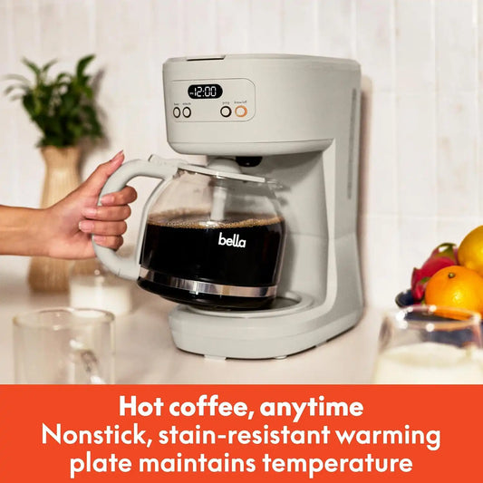 BELLA 12 Cup Programmable Coffee Maker, Reusable Dishwasher Safe Accessories, Easy LCD display, Auto Shutoff, 900 watt, Oatmilk
