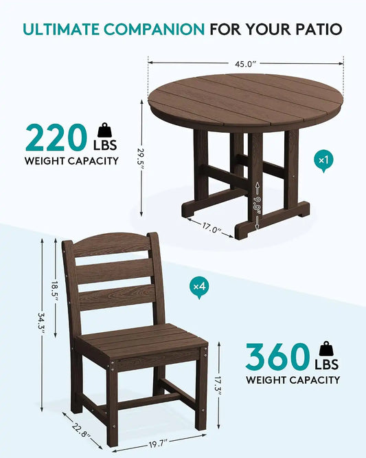 SERWALL 5-Piece Patio Dining Set, 45" Table & 4 Armless Chairs, Coffee