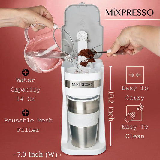 Mixpresso Single Serve & Single Cup Coffee Maker with 14oz Travel Mug White