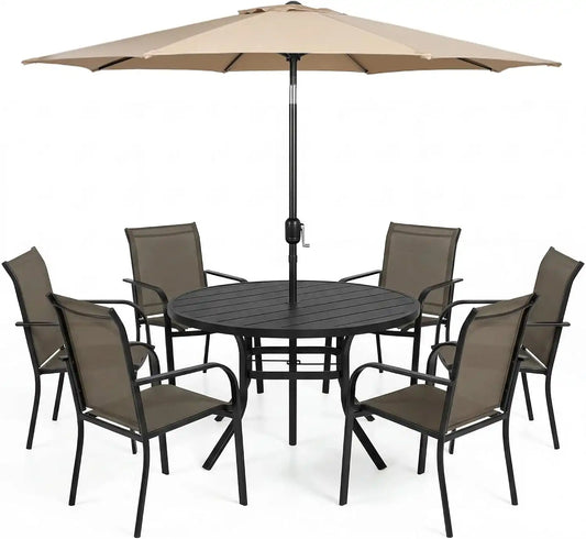 SUNCROWN 8 - Piece Outdoor Dining Set, Patio Furniture Set with 6 Textilene Dinning Chairs, 53" Metal Round Table and 1 Brown 9Ft Patio Umbrella for Lawn Garden Backyard Deck, Brown