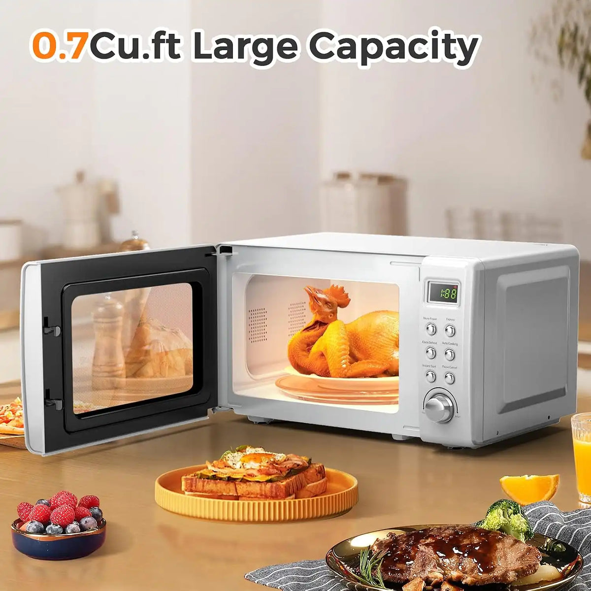 LDAILY 0.7Cu.ft Retro Small Microwave Oven, 700W Compact Countertop Microwave with 5 Power Levels, Auto Cooking Menus, Glass Turntable, Child Lock & Glass Turntable for Apartment, Dorm (White)