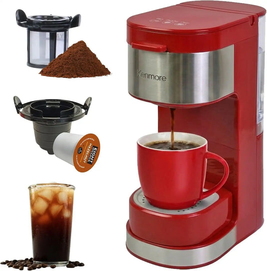 Koolatron Kenmore Single Serve Coffee Maker, Hot & Iced, 14 oz, Red