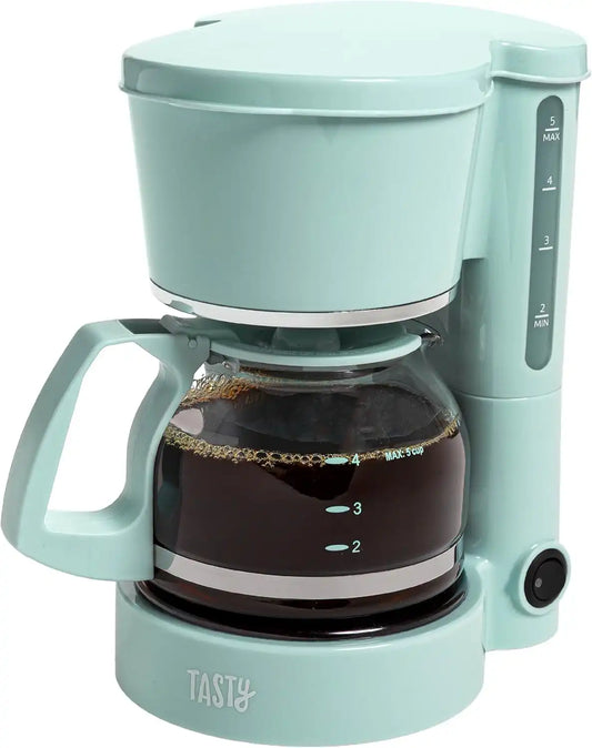 Tasty 5-Cup Coffee Maker with Auto Pause & Pour, Reusable Filter, Easy View Water Reservoir and Warming Plate, Glass Carafe, Compact Brew & Drip Coffee Maker, 5-Cup, Aqua
