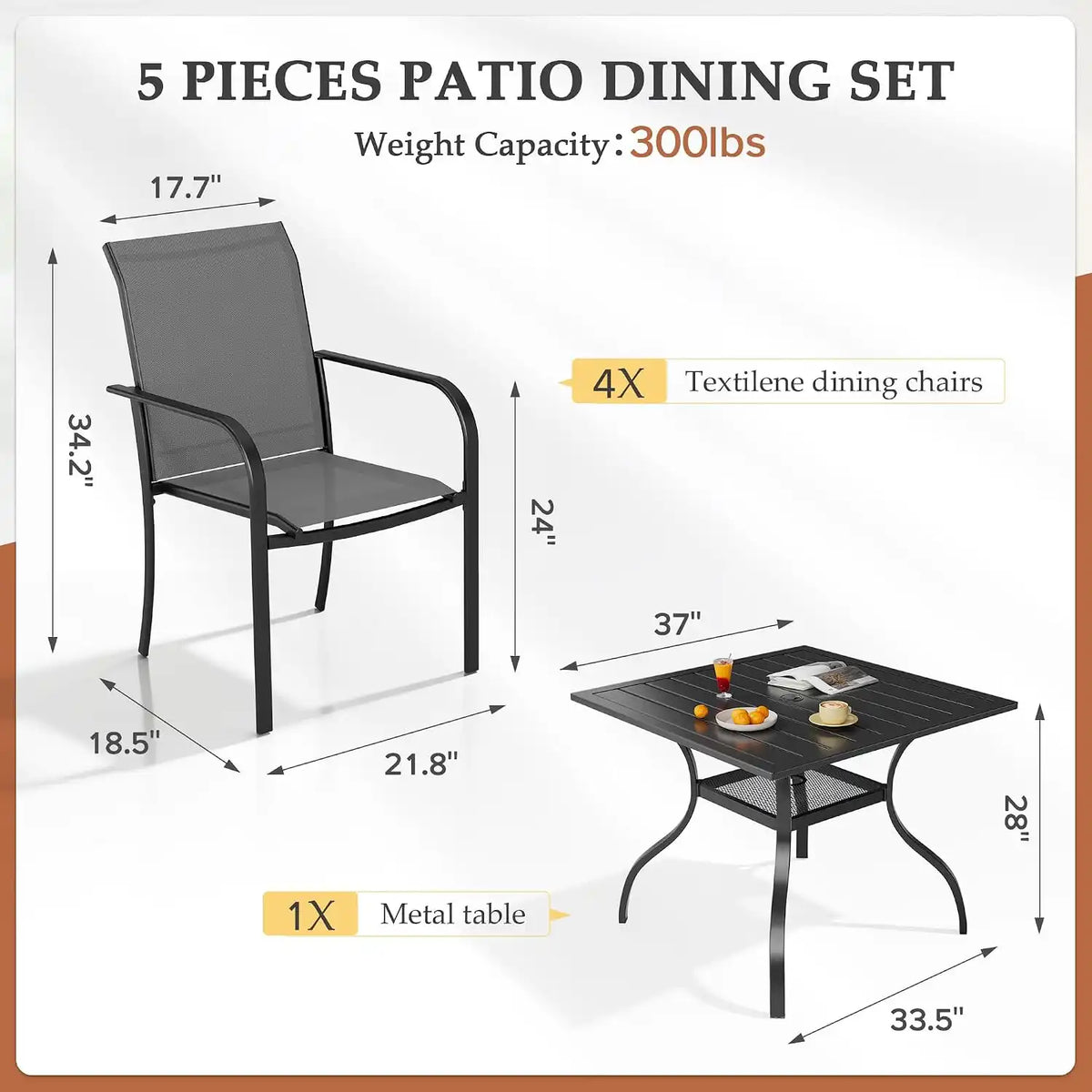 SUNCROWN 5-Piece Outdoor Dining Set, Patio Furniture Set with 4 x Textilene Dinning Chairs and 1 Steel Slat Metal Bistro Table for Garden Deck Lawn Backyard, Grey