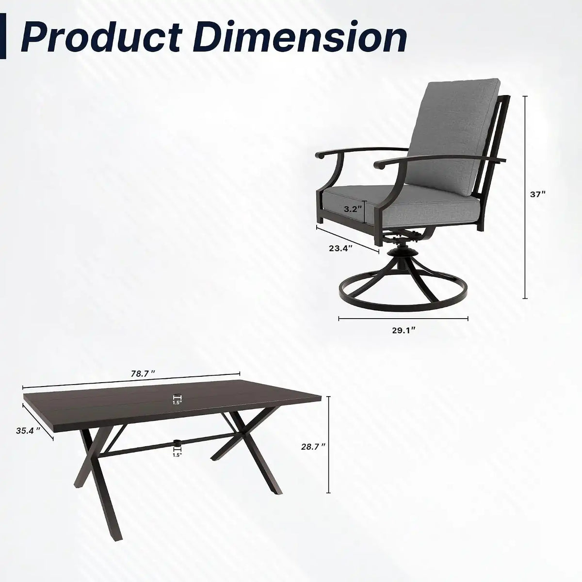 7 PCS Outdoor Patio Dining Set,Patio Table and Chairs Metal Outdoor Patio Furniture Set with Umbrella Hole,Dining Table Set with 6 Swivel Chairs for Deck,Backyard and Garden,Grey