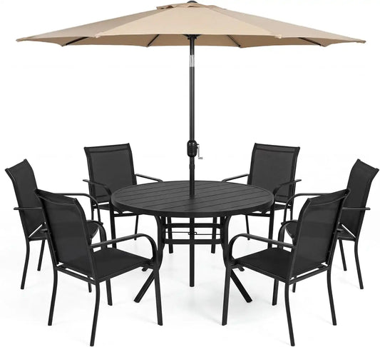 SUNCROWN 8 - Piece Outdoor Dining Set, Patio Furniture Set with 6 Textilene Dinning Chairs, 53" Metal Round Table and 1 Brown 9Ft Patio Umbrella for Lawn Garden Backyard Deck, Black