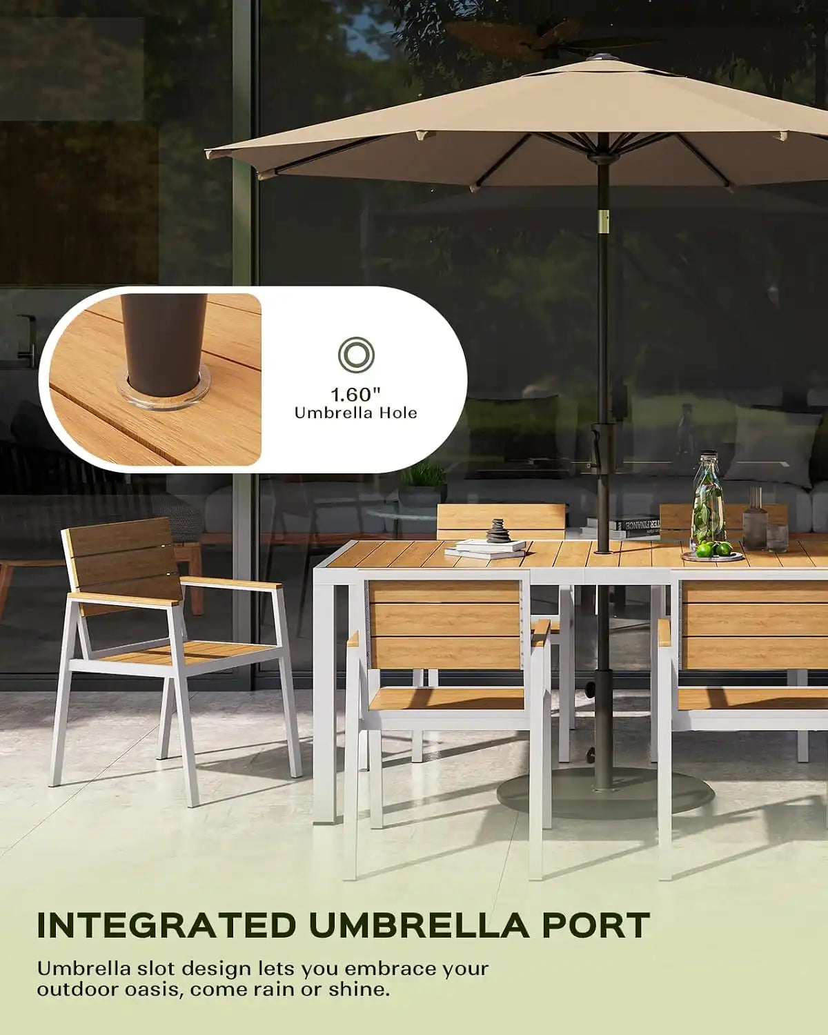 Vexwalx Outdoor Dining Set, Aluminum Dining Table Set for 4, Patio Table and Chairs Set with Umbrella Hole, All Weather HDPS Outdoor Table and Chairs for 4 (5-Piece, White-Teak)