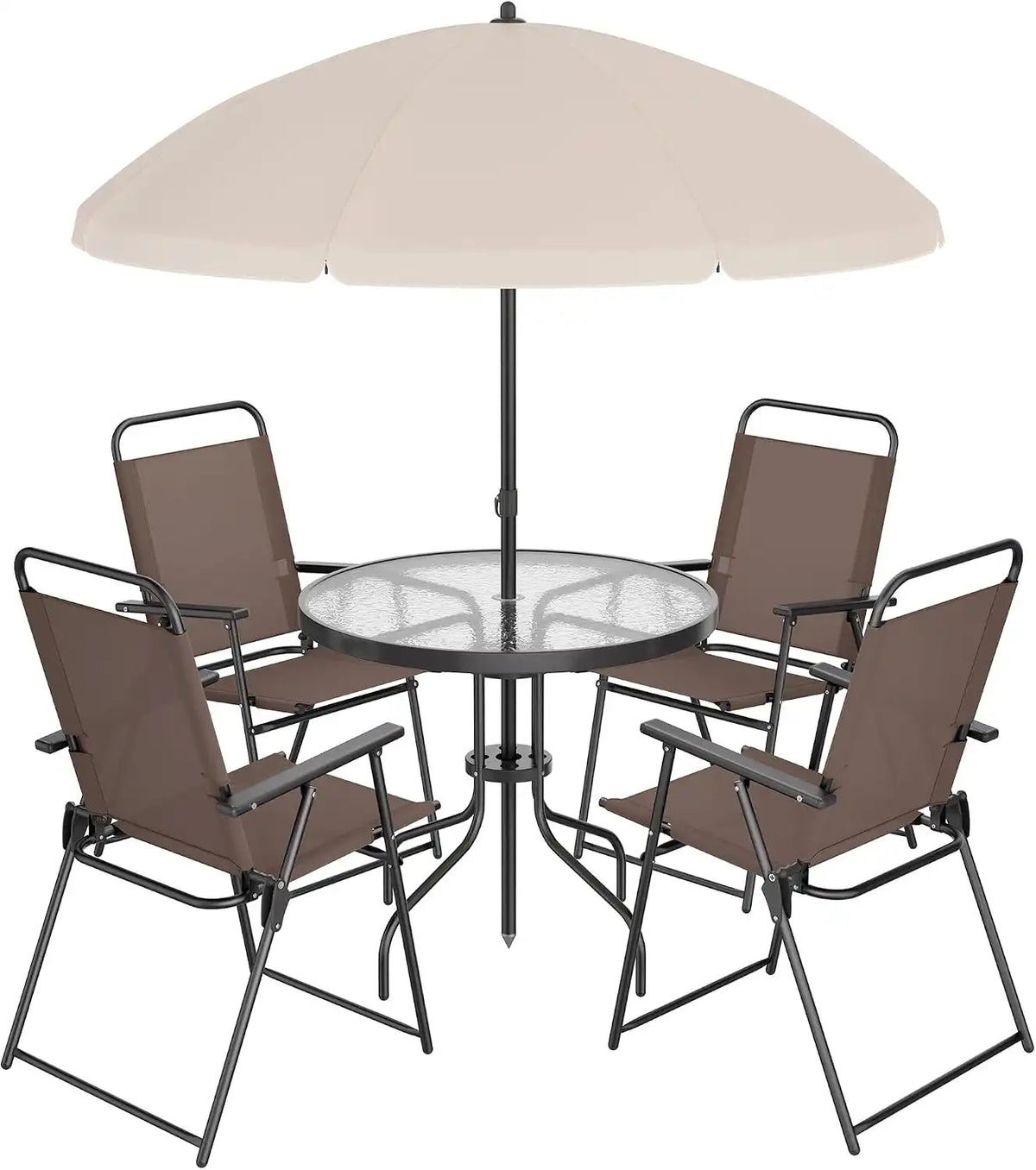 Shintenchi 6 Piece Patio Dining Set with Umbrella, Outdoor Furniture Set with 4 Folding Chairs and Tempered Glass Top Dining Table for Lawn Backyard Garden Porch, Brown and Beige