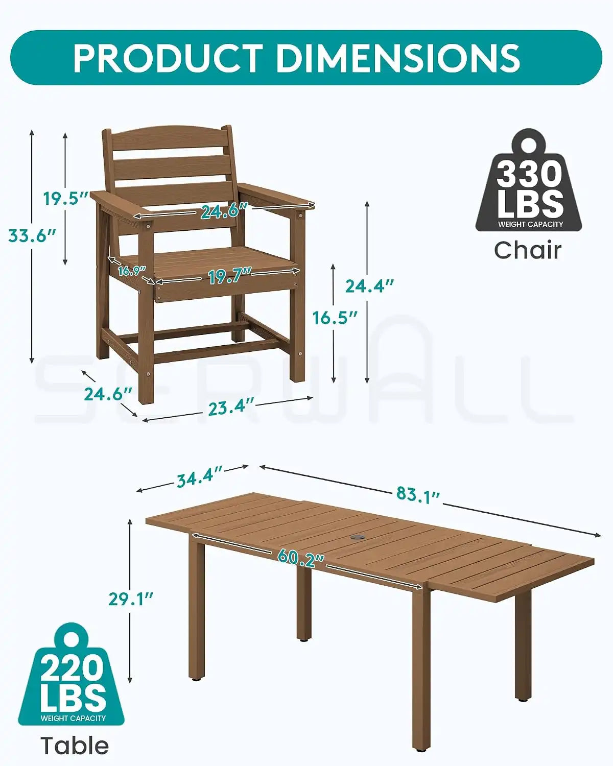 SERWALL HDPE and Aluminum Outdoor Dining Set for 8, Brown