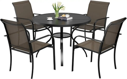SUNCROWN 5 - Piece Outdoor Dining Set, Patio Furniture Set with 4 x Textilene Dinning Chairs and 41" Metal Round Table with Umbrella Hole for Lawn Garden Backyard Deck, Brown