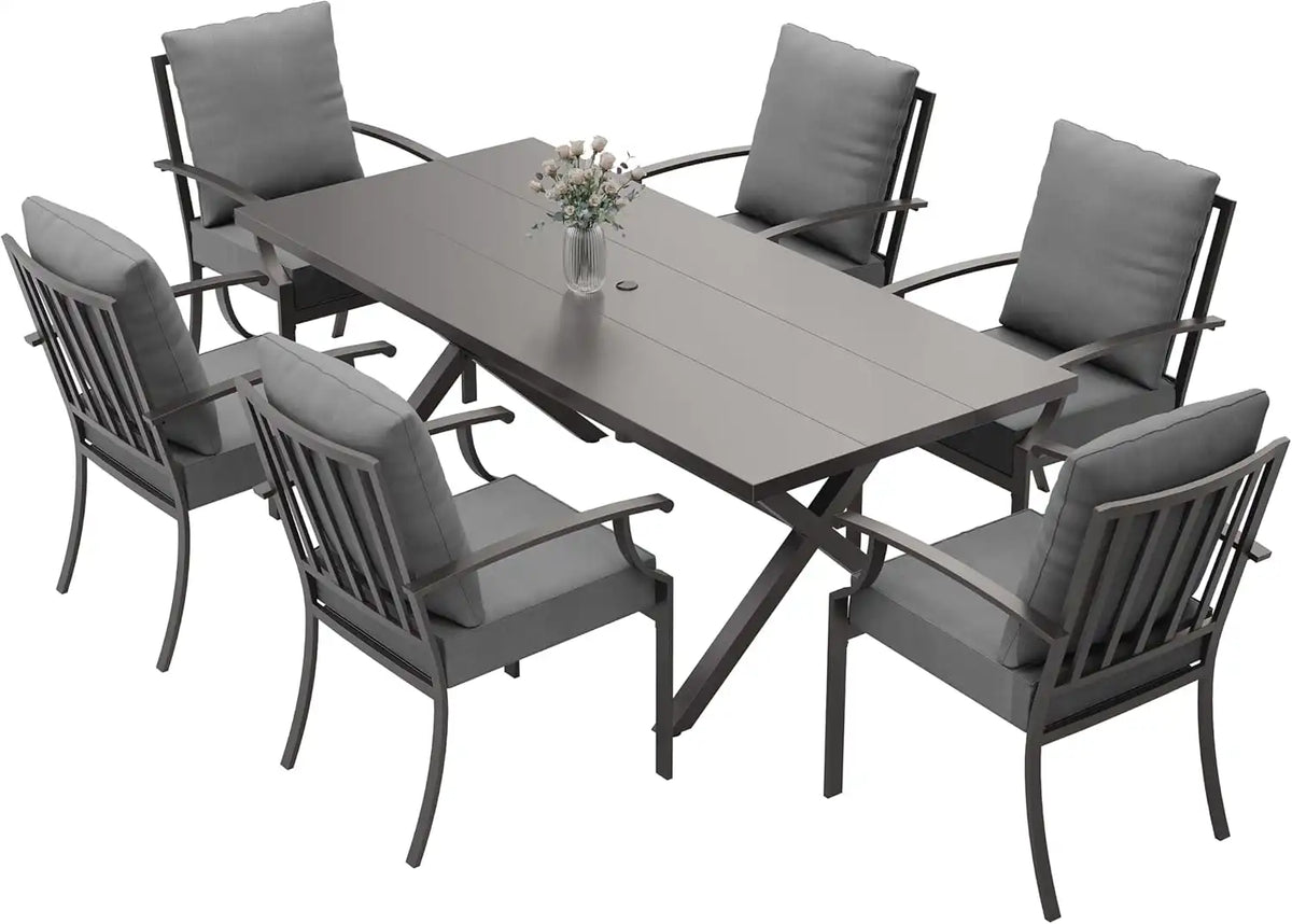ALAULM 7-Piece Patio Dining Table and Chairs Outdoor Dining Set for 6 Patio Dining Sets with Rectangular Metal Table with Umbrella Hole for Patio, Backyard, Garden-Grey