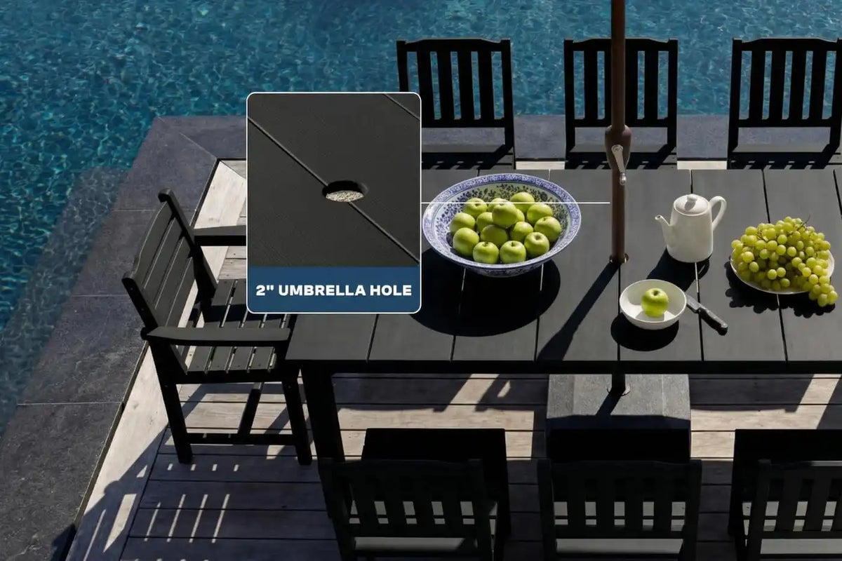 Perli™ 9-Piece Outdoor Dining Set, All-Weather HDPE Patio Furniture with 8 Ergonomic Chairs & Large Table, Built-in Umbrella Hole, UV-Resistant Set for Backyard, Deck, Poolside, Black