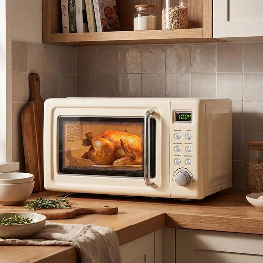 LDAILY 0.7Cu.ft Retro Small Microwave Oven, 700W Compact Countertop Microwave with 5 Power Levels, Auto Cooking Menus, Glass Turntable, Child Lock & Glass Turntable for Apartment, Dorm (Cream White)