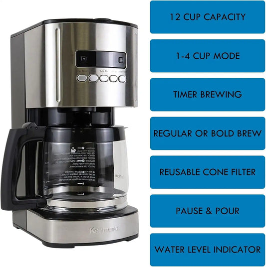 Koolatron Kenmore Elite Drip Coffee Maker - 12-Cup Programmable Coffee Machine With Glass Pot, Pause and Pour, Auto Shut-Off, Large Water Reservoir, Reusable Filter, Dishwasher Safe Carafe, Black
