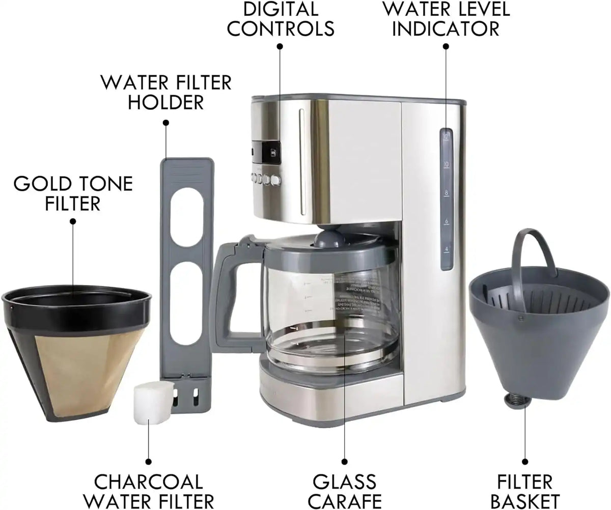 Koolatron Kenmore 12-Cup Programmable Coffee Maker, Glass Carafe, Gray