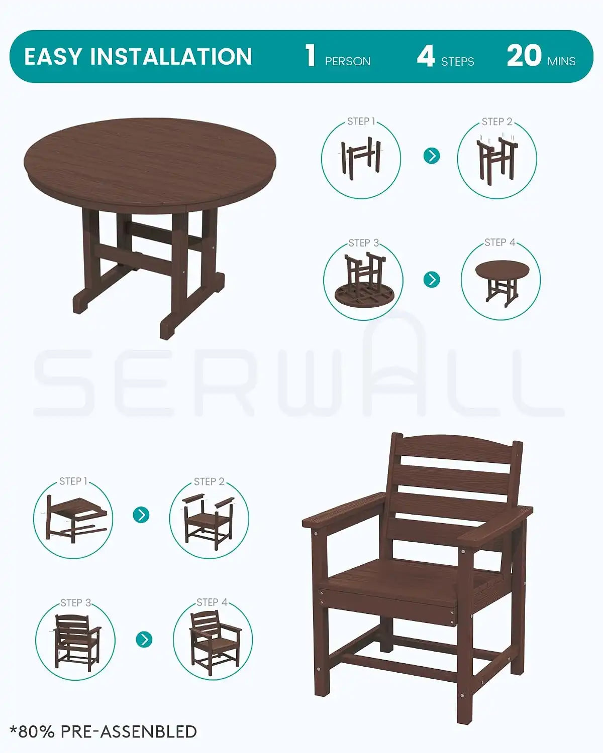 SERWALL 6-Pc Dining Set, 45" Table, 4 Chairs&9FT Umbrella, Coffee (No Base)