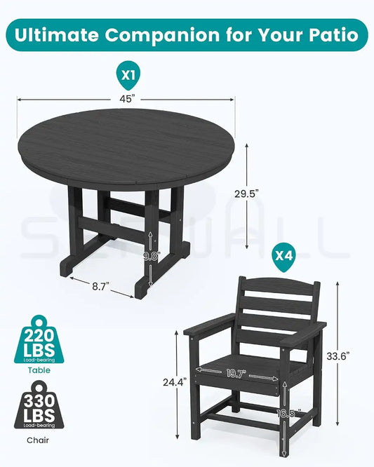 SERWALL 6-Pc Dining Set, 45" Table, 4 Chairs&9FT Umbrella, Black (No Base)