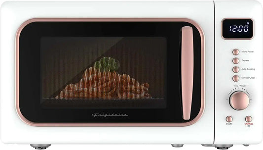 Frigidaire, 0.7 Cu. Ft. Retro Countertop Microwave Oven, 700W Compact Microwave with 8 Auto Cook Menus, Auto Defrost, 5 Power Levels, LED Display, Glass Turntable, White-RoseGold