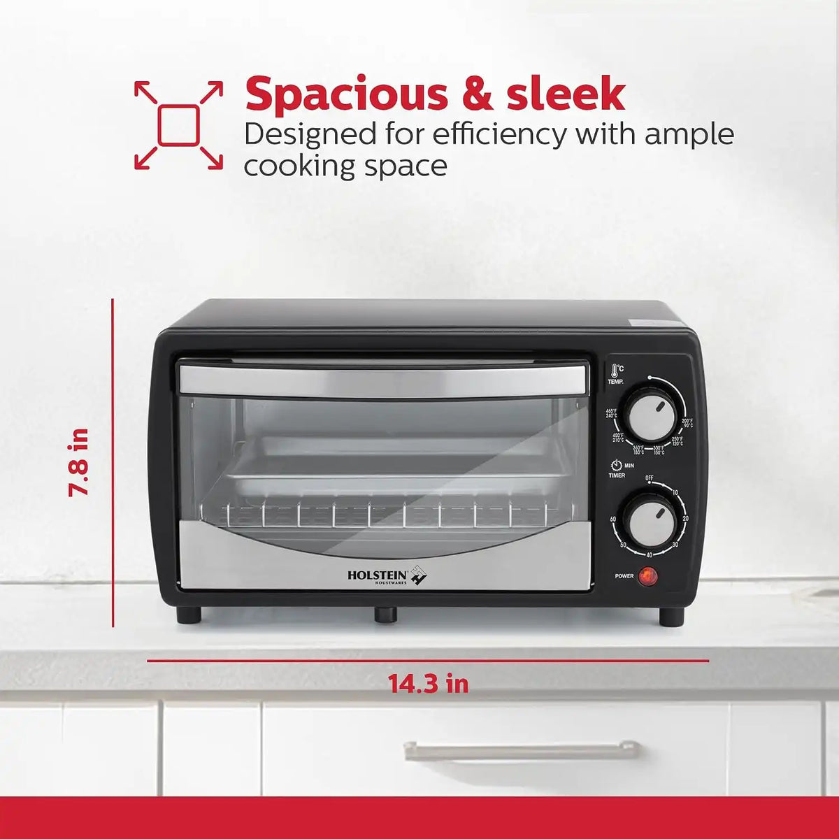 Holstein Housewares 4 Slice Countertop Toaster Oven with 60 Minute Timer Includes Pan and Wire Rack, Perfect for Baking, Broiling, and Toasting Compact Design in Sleek Black for Convenient Kitchen Use