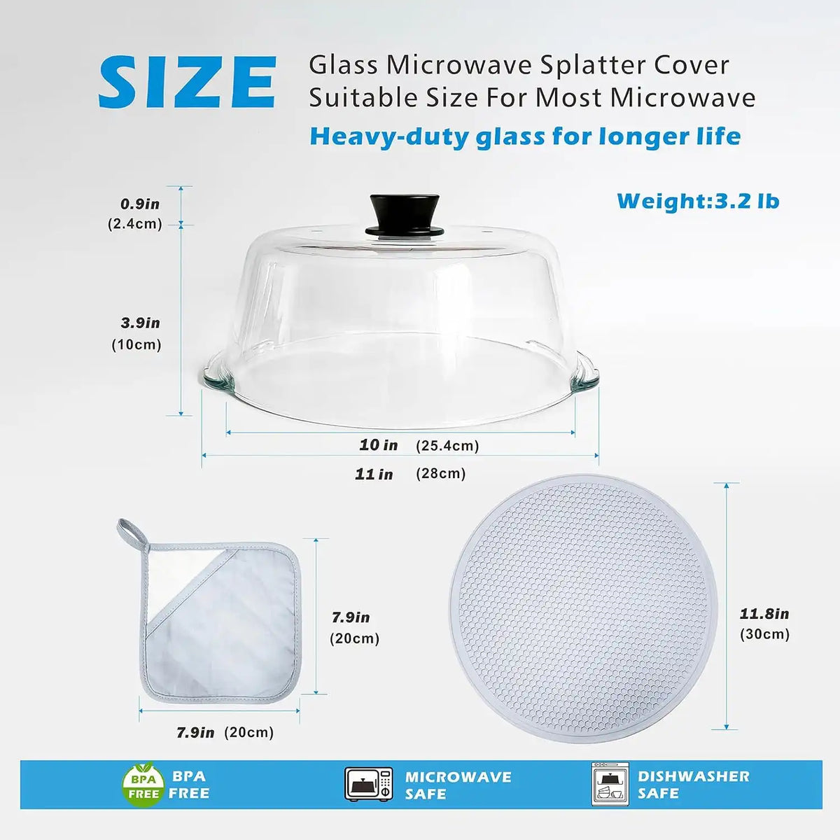 Glass Microwave Splatter Cover with Glove and Mat for Food, 10in Guard Lid
