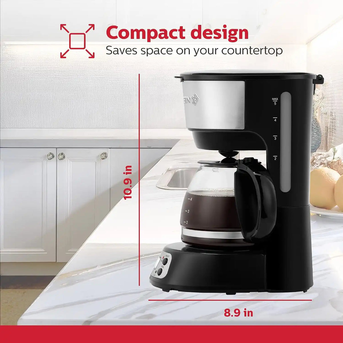 Holstein Housewares 5-Cup Programable Coffee Maker, Convenient and User Friendly, Black and Stainless Steel with Auto Pause and Serve Function, Glass Carafe