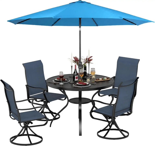 SUNCROWN 6-Piece Outdoor Dining Set, All Weather Patio Furniture Sets with 4 Dark Blue Swivel Textilene Mesh Chairs & Round Metal Table & 1 Light Blue 9Ft Umbrella for Deck Garden Backyard Poolside