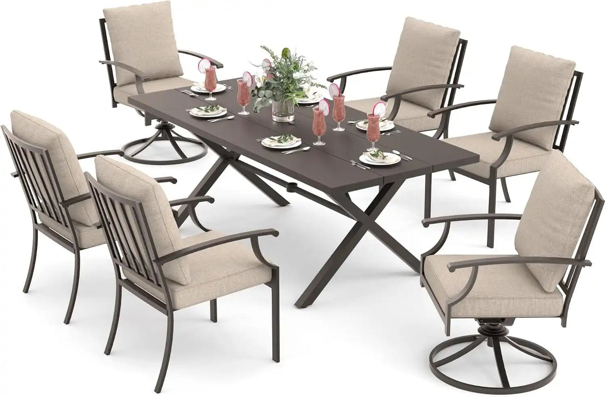 ALAULM 7-Piece Patio Dining Table and Chairs for 6 Outdoor Dining Set with 2 Swivel Chairs Patio Dining Sets with Rectangular Metal Table with Umbrella Hole for Patio, Backyard, Garden-Sand