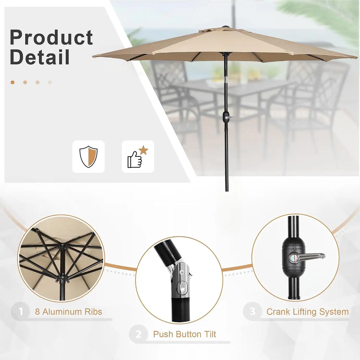 SUNCROWN 8 - Piece Outdoor Dining Set, Patio Furniture Set with 6 Textilene Dinning Chairs, 53" Metal Round Table and 1 Brown 9Ft Patio Umbrella for Lawn Garden Backyard Deck, Brown