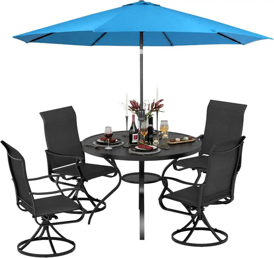 SUNCROWN 6-Piece Outdoor Dining Set, All Weather Patio Furniture Sets with 4 Black Swivel Textilene Mesh Chairs & Round Metal Table & 1 Light Blue 9Ft Umbrella for Deck Garden Backyard Poolside