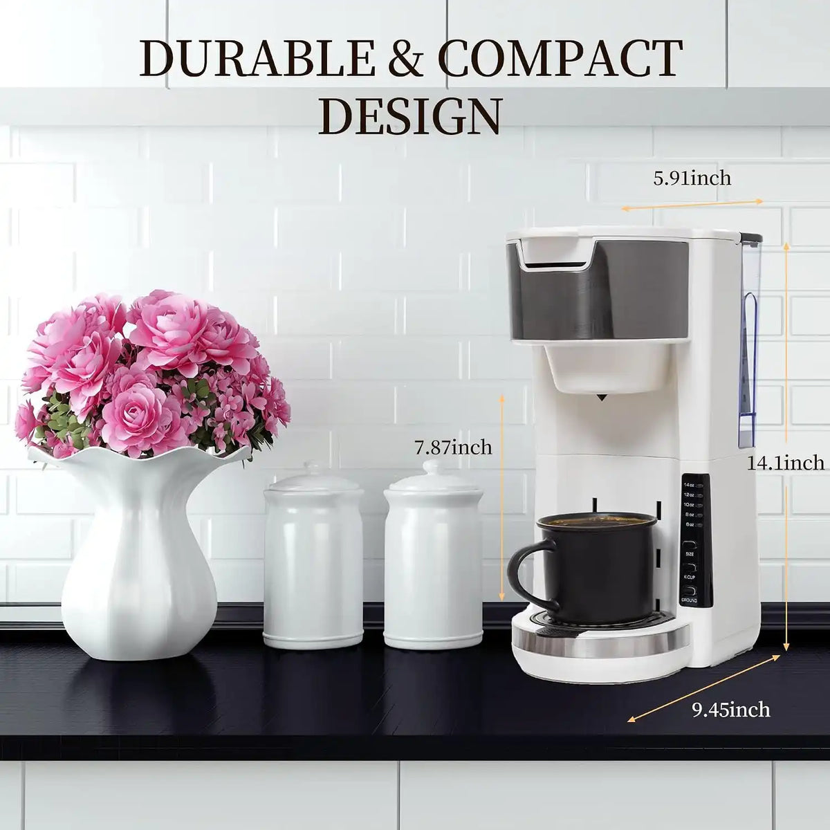 Single Serve Coffee Maker, 2 in 1 for Ground Coffee&Pods, 180s Rapid Brew with 5 Cup Sizes 6-14oz, Auto Shut Off, Small Compact Travel Coffee Machine for Home Office Camping
