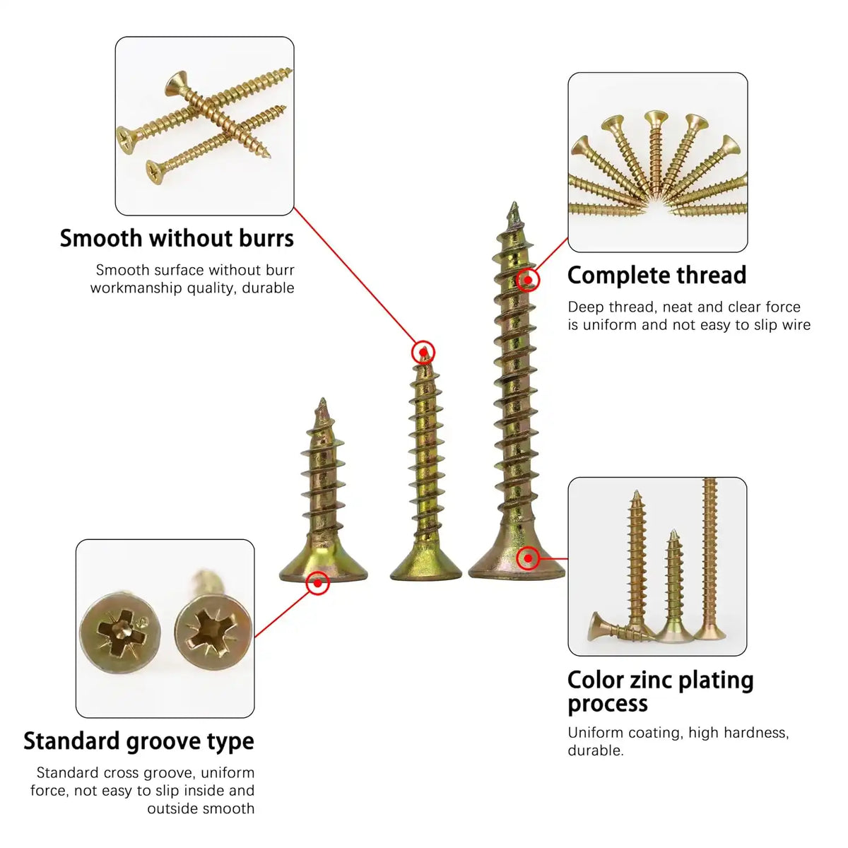 Wood Screws Assortment Kit, 175Pcs, #6#8#10 Self Tapping Screws, Yellow Zinc Plated, Flat Head Phillips Screws Set, Assorted Screws, Screw Assortment, Length 1/2, 3/4, 1, 1-1/2 Inch, Gold