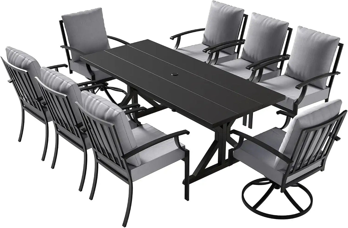 ALAULM 9-Piece Patio Dining Set,Outdoor Metal Dining Set with 2 Swivel Chairs & Rectangle Table with 1.5 Umbrella Hole, Patio Dining Table and Chairs for Backyard,Grey
