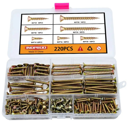 M4 M5 Flat Head Wood Screws Assortment Kit 220 Pcs,Phillips Drive Countersunk Head Self-Tapping Wood Screws,Yellow Zinc Plated Finish Screw Kit,Screws for Drywall/Sheetrock/Wood,Full Thread