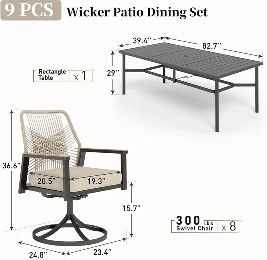 SUNSHINE VALLEY 9pc Patio Dining Set, 83" Metal Table & 8 Swivel Chairs