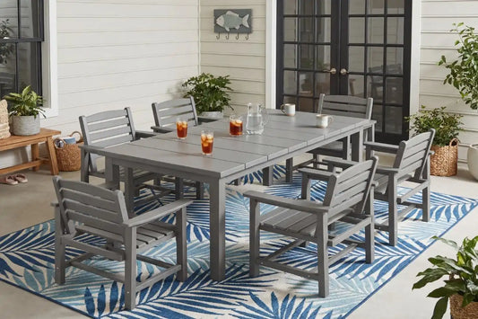 Perli™ 7-Piece Outdoor Dining Set, All-Weather HDPE Patio Furniture with 6 Ergonomic Chairs & Large Table, Built-in Umbrella Hole, UV-Resistant Set for Backyard, Deck, Poolside, Grey